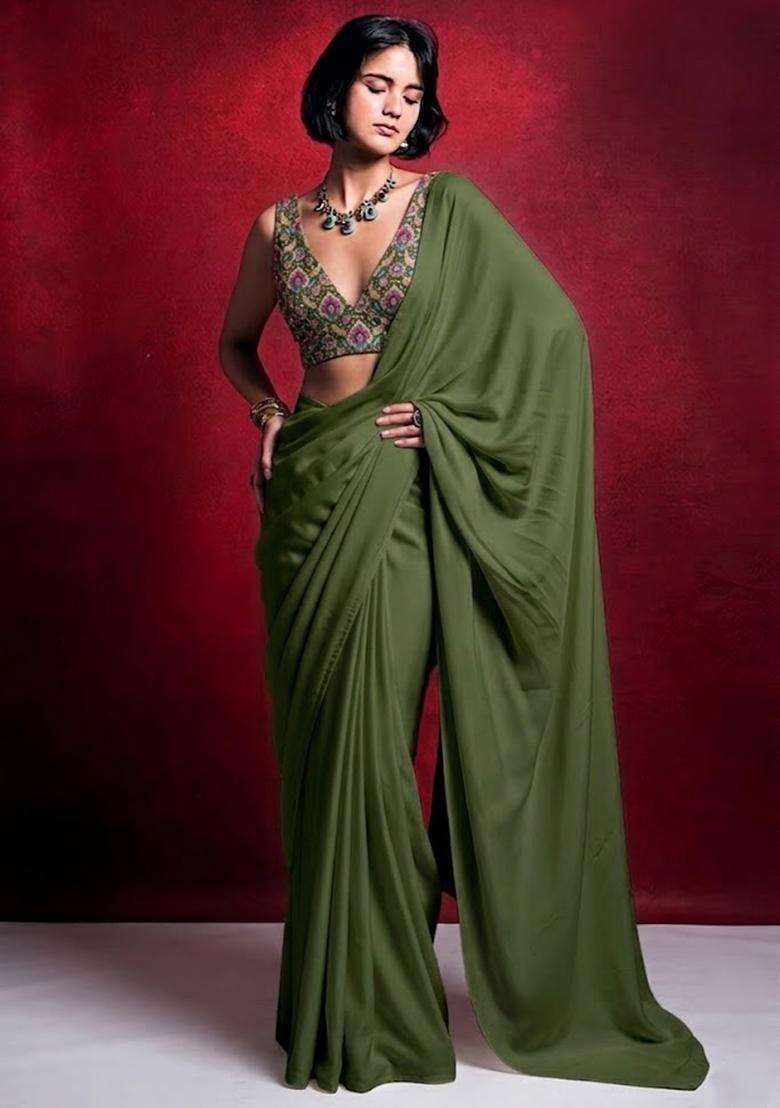 Olive Green Embroidered Crepe Pre Draped Saree Set - Indya