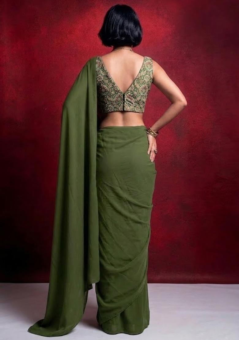 Olive Green Embroidered Crepe Pre Draped Saree Set - Indya