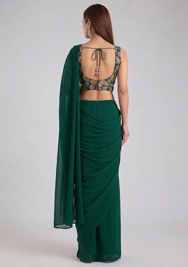 Bottle Green Printed Crepe Pre Draped Saree Set - Indya