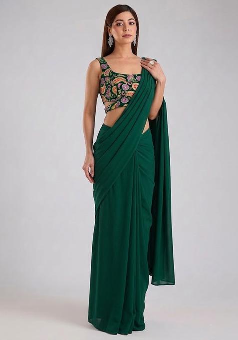 Bottle Green Printed Crepe Pre Draped Saree Set