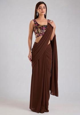 Brown Printed Crepe Pre Draped Saree Set