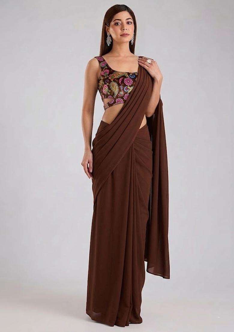 Brown Crepe Pre Draped Saree Set with Printed for Diwali | Wedding & Festive Wear - Indya