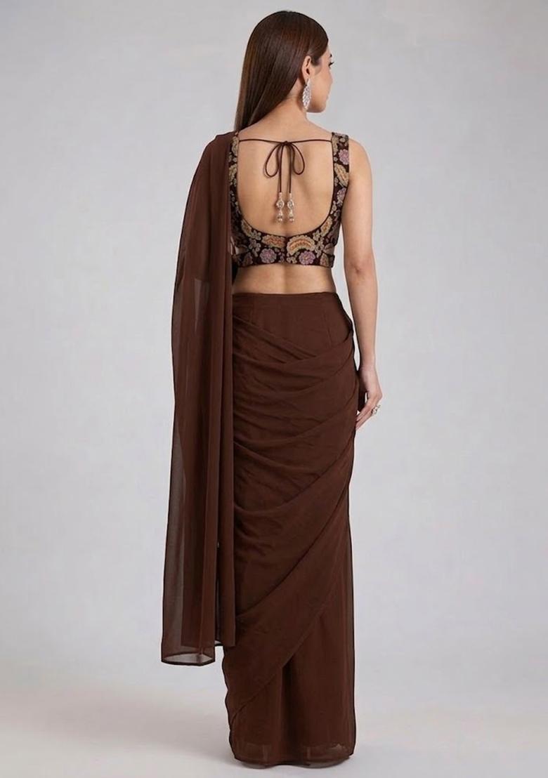 Brown Printed Crepe Pre Draped Saree Set - Indya