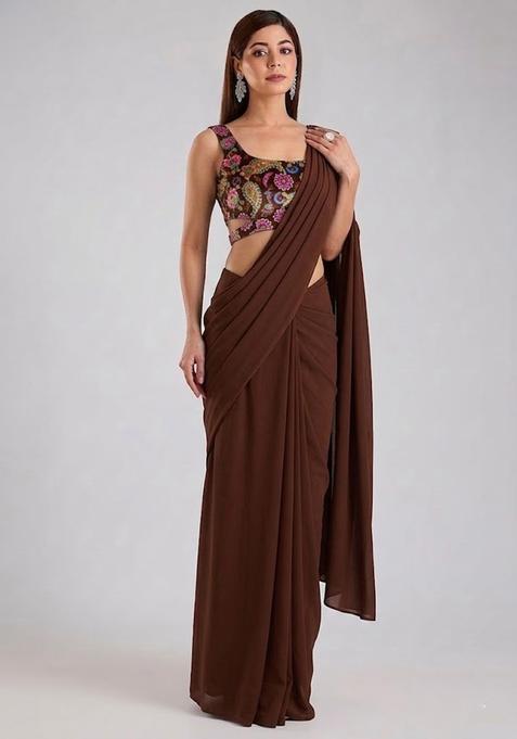 Brown Printed Crepe Pre Draped Saree Set