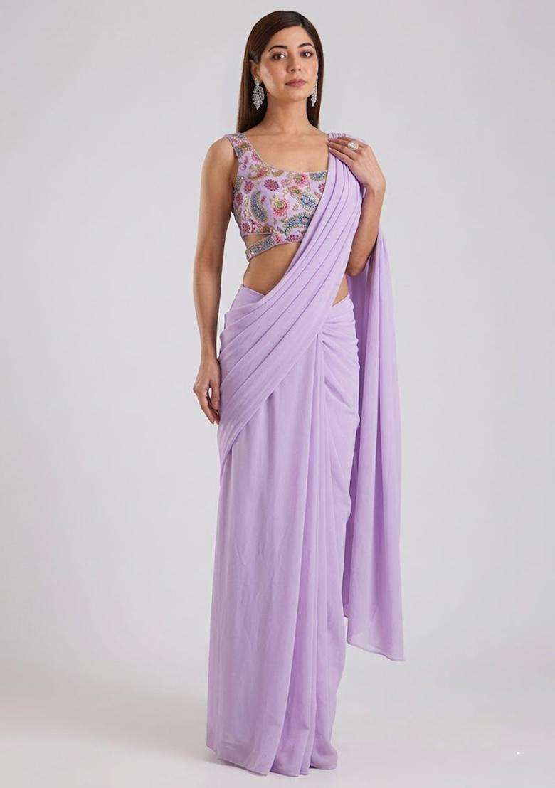 Lilac Crepe Pre Draped Saree Set with Printed for Diwali | Wedding & Festive Wear - Indya