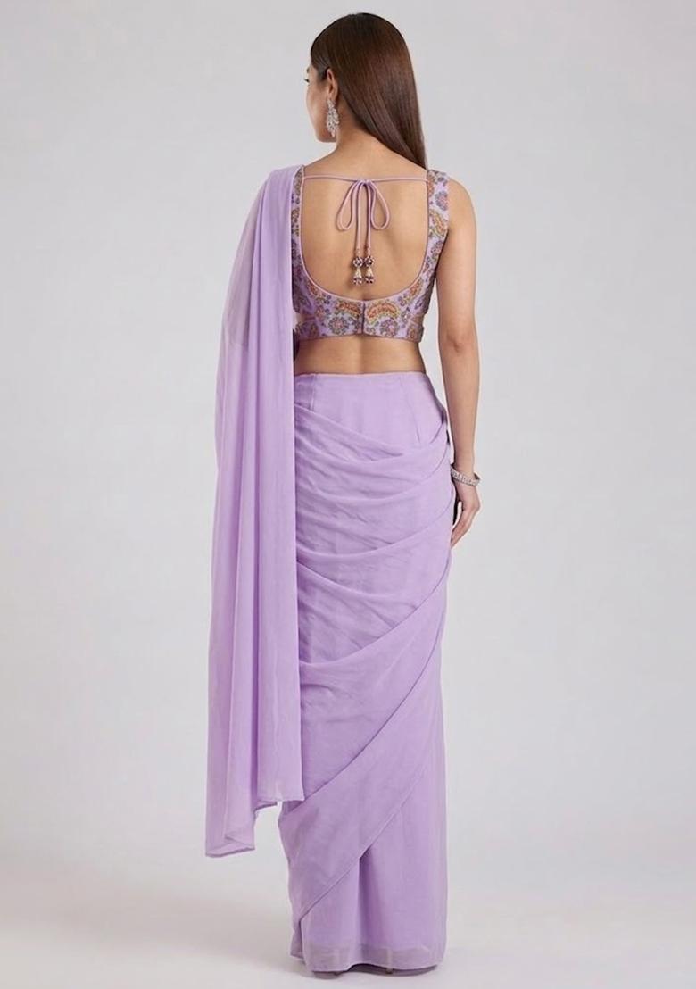 Lilac Printed Crepe Pre Draped Saree Set - Indya