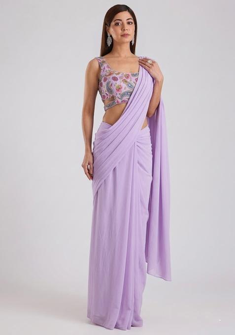 Lilac Printed Crepe Pre Draped Saree Set
