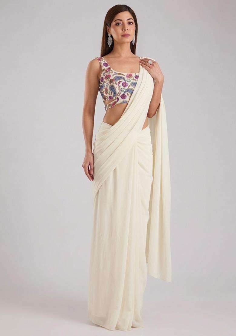 White Printed Crepe Pre Draped Saree Set for Diwali and Festive Wear - Indya