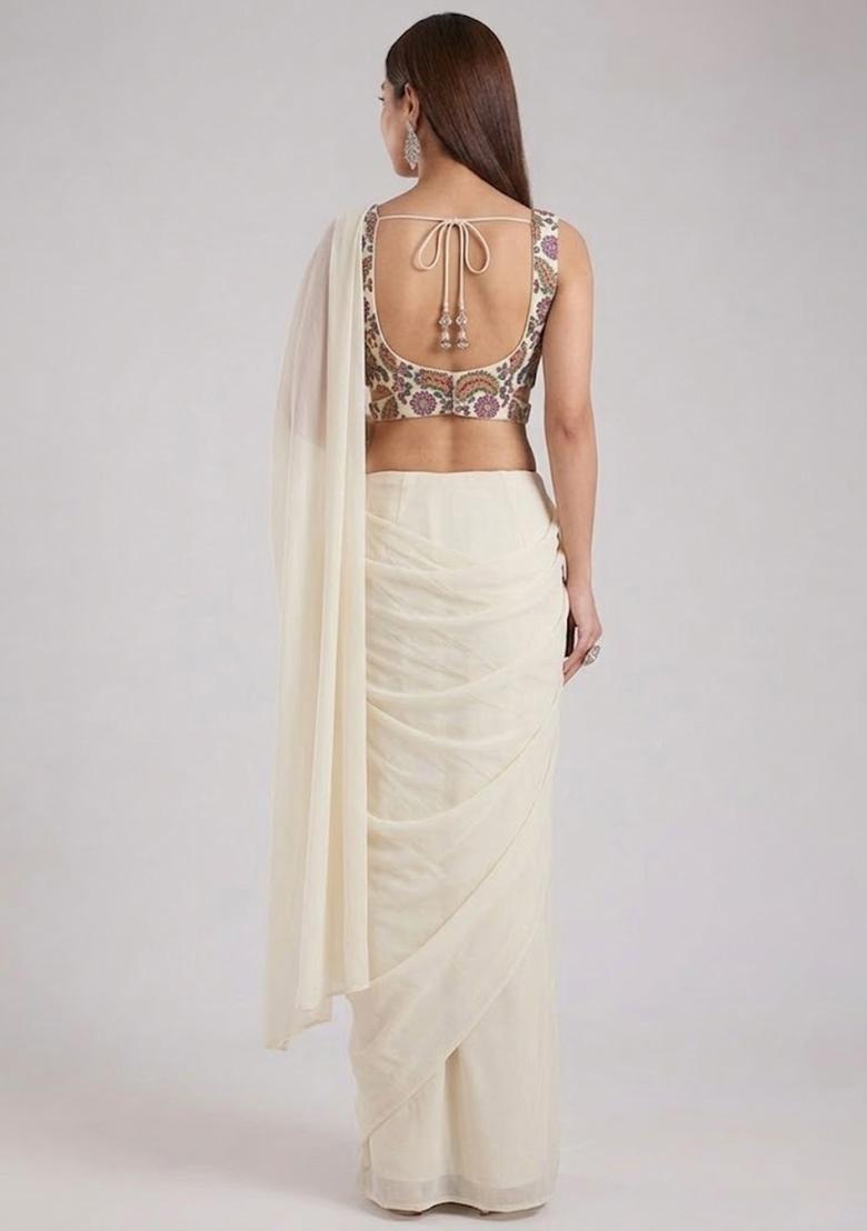 White Printed Crepe Pre Draped Saree Set - Indya