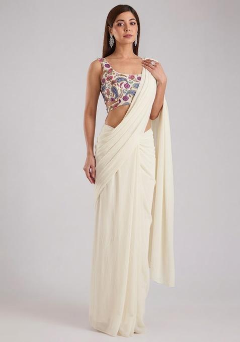 White Printed Crepe Pre Draped Saree Set