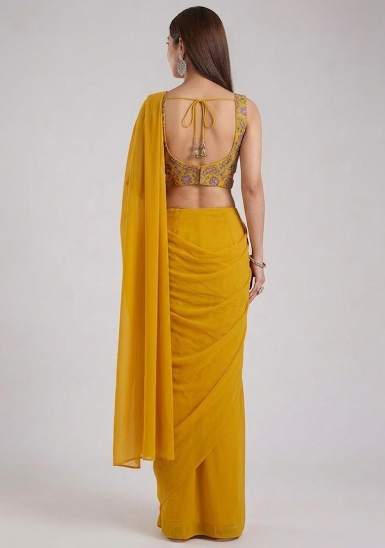 Yellow Printed Crepe Pre Draped Saree Set - Indya