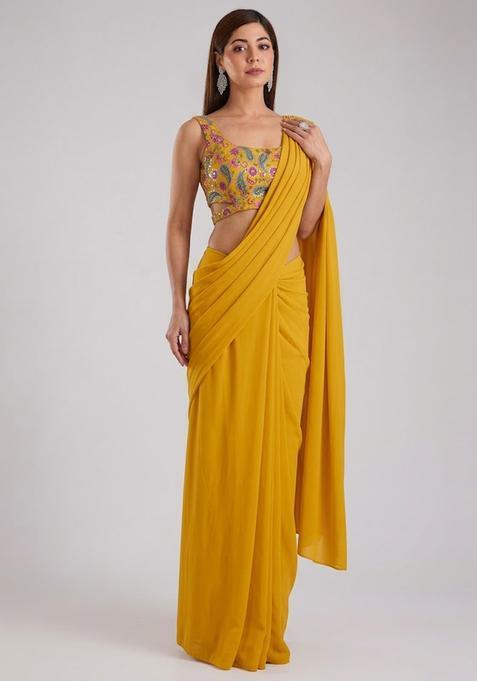 Yellow Printed Crepe Pre Draped Saree Set