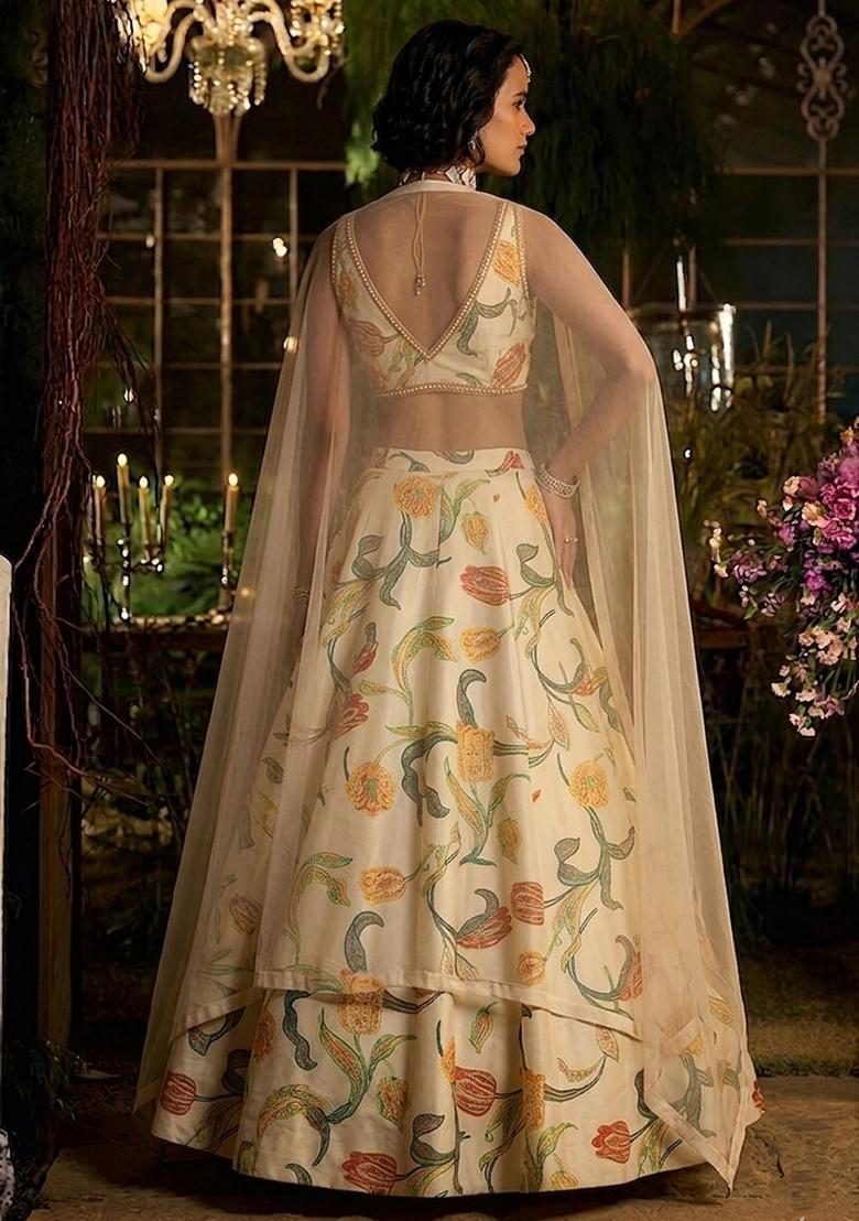 Cream Printed Silk Lehenga Set - Indya