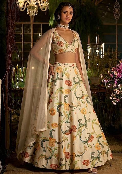 Cream Printed Silk Lehenga Set