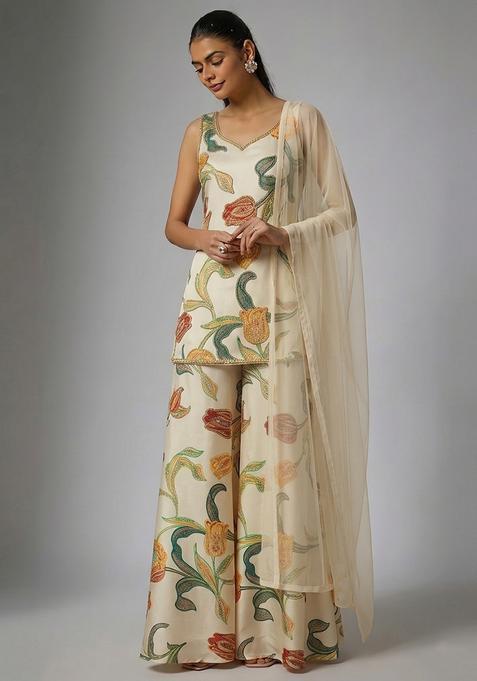 Off White Printed Silk Sharara Set