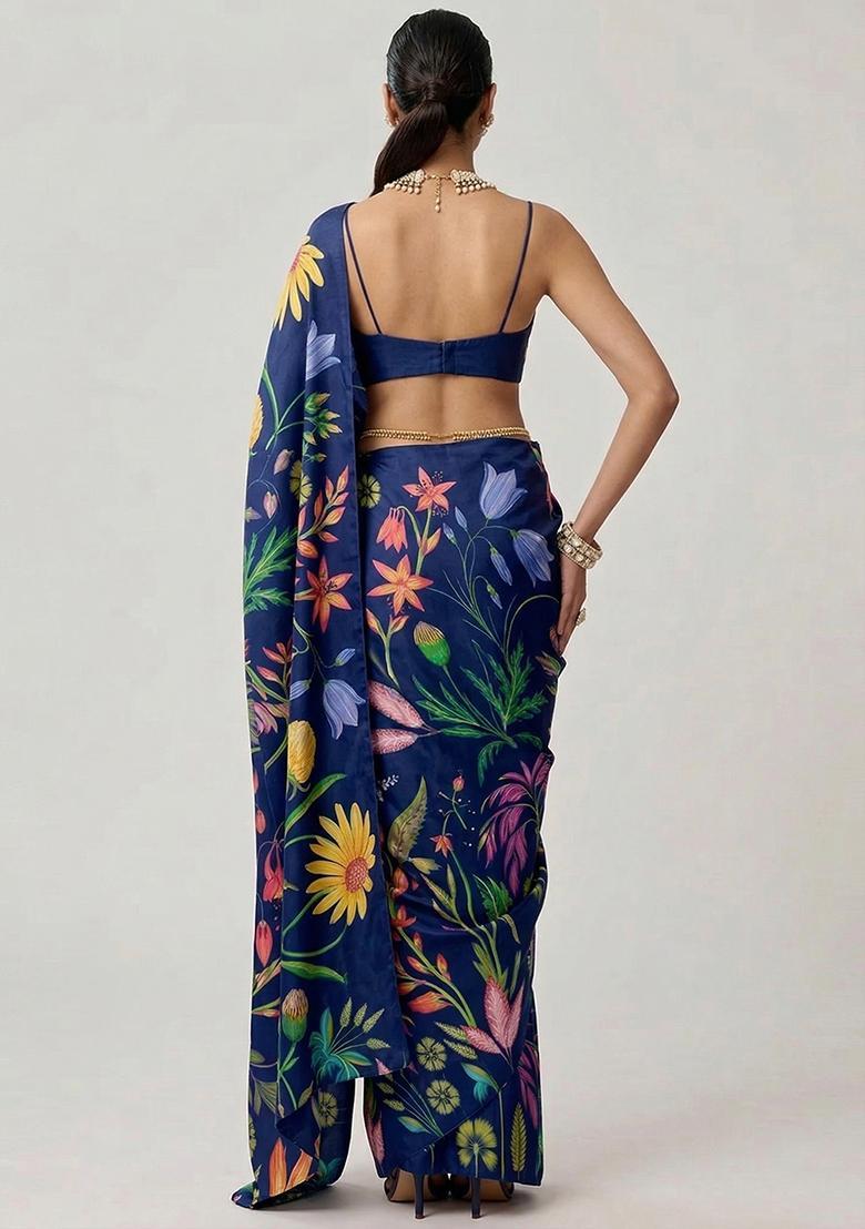 Navy Blue Printed Silk Pre Draped Saree Set - Indya
