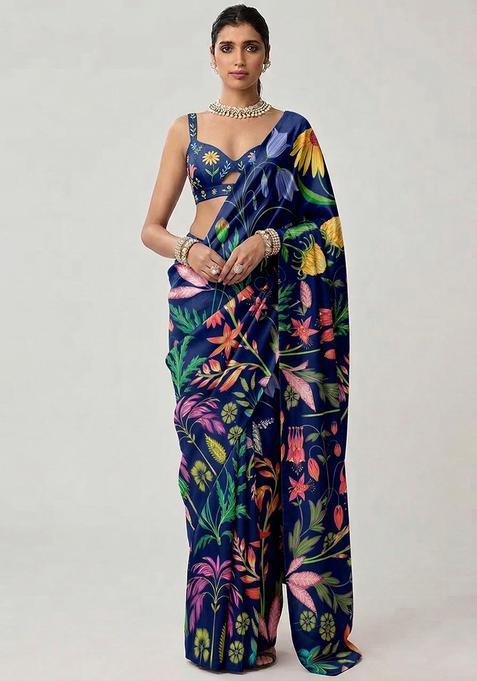 Navy Blue Printed Silk Pre Draped Saree Set