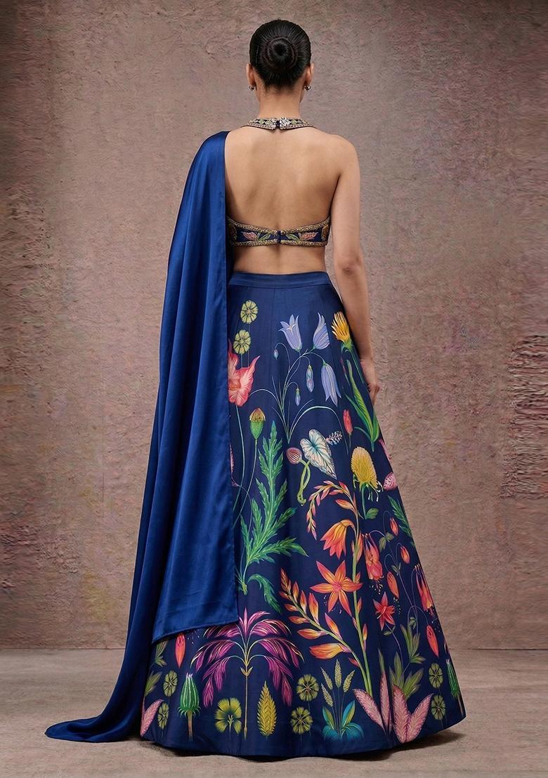 Royal Blue Printed Silk Lehenga Set - Indya