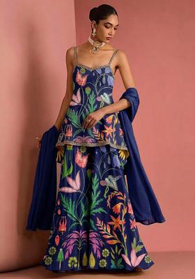 Navy Blue Printed Silk Sharara Set