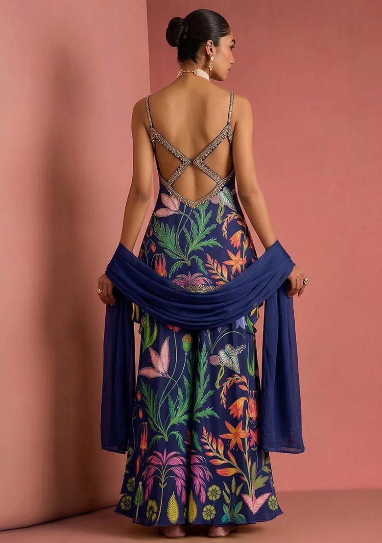 Navy Blue Printed Silk Sharara Set - Indya