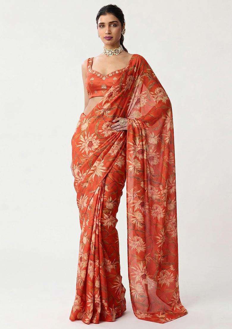 Orange Printed Handwork Georgette Pre Draped Saree Set - Indya
