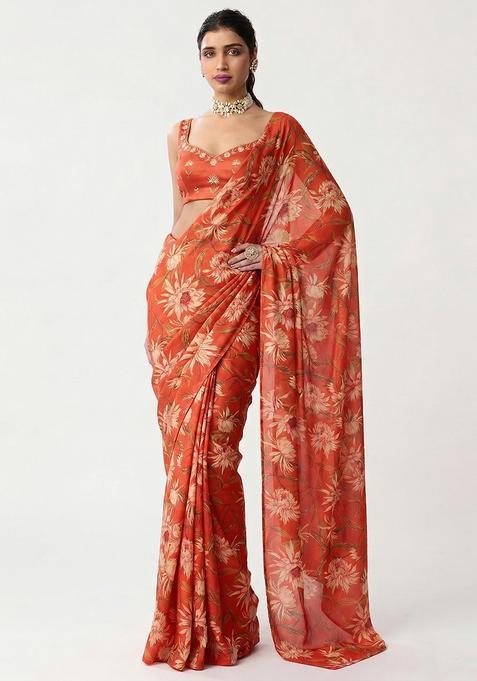 Orange Printed Handwork Georgette Pre Draped Saree Set