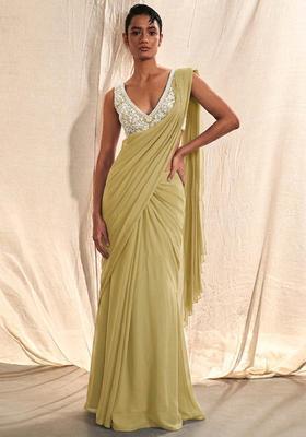 Olive Green Embroidered Handwork Pre Draped Saree Set