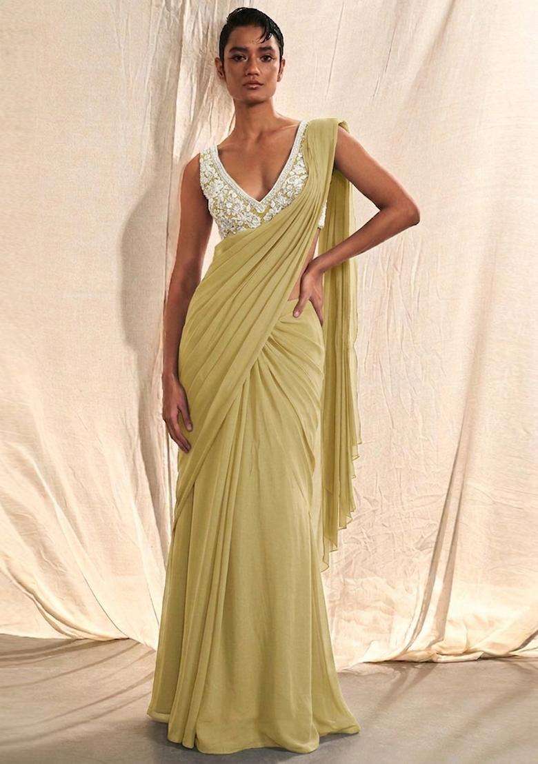 Olive Green Embroidered Handwork Pre Draped Saree Set - Indya