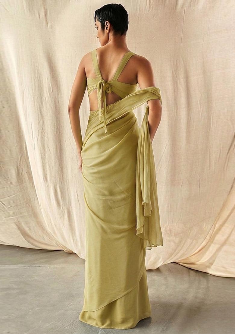 Olive Green Embroidered Handwork Pre Draped Saree Set - Indya
