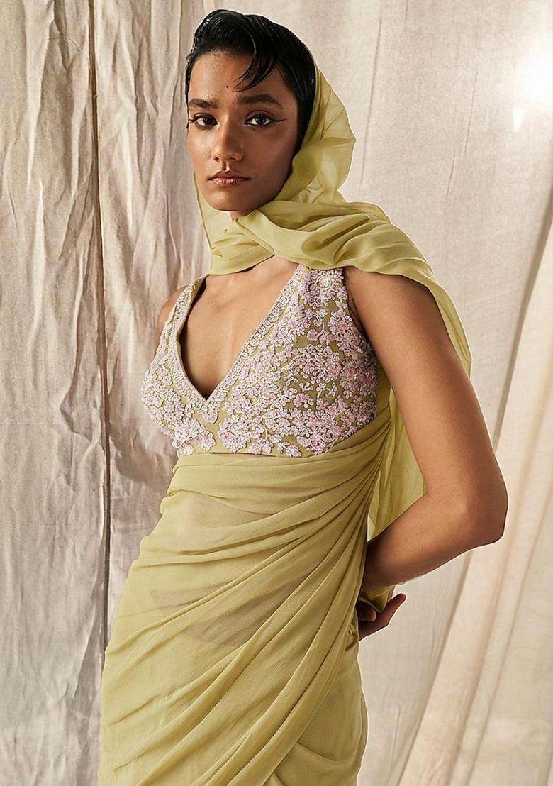Olive Green Embroidered Handwork Pre Draped Saree Set - Indya