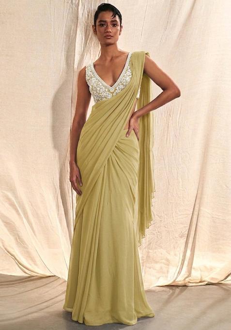 Olive Green Embroidered Handwork Pre Draped Saree Set