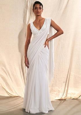 Pearl White Embroidered Handwork Pre Draped Saree Set