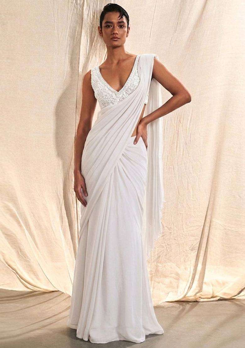 Pearl White Embroidered Handwork Pre Draped Saree Set - Indya