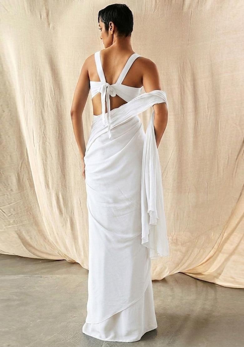Pearl White Embroidered Handwork Pre Draped Saree Set - Indya