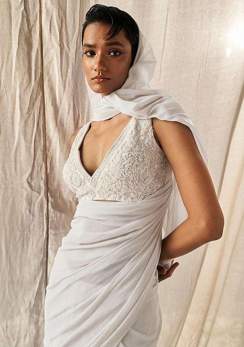 Pearl White Embroidered Handwork Pre Draped Saree Set - Indya