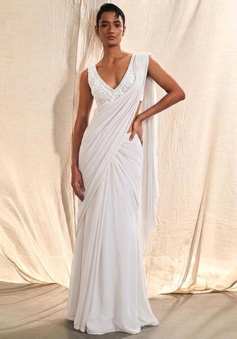 Pearl White Embroidered Handwork Pre Draped Saree Set