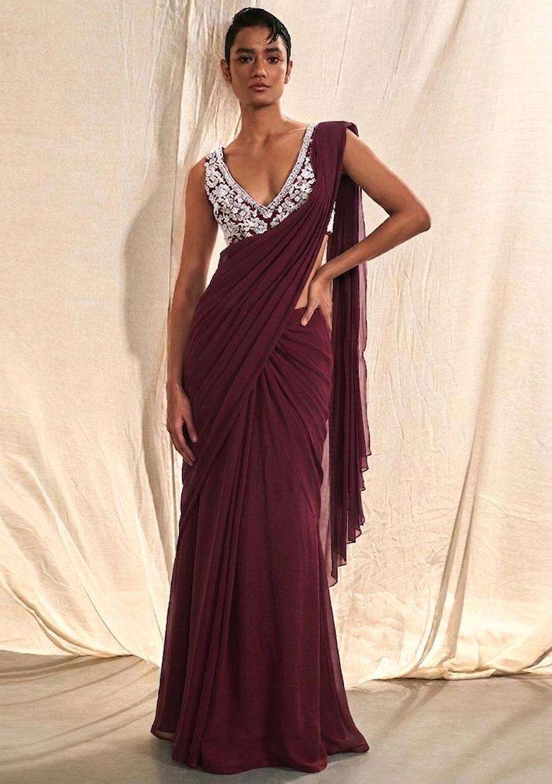 Wine Purple Embroidered Handwork Pre Draped Saree Set - Indya