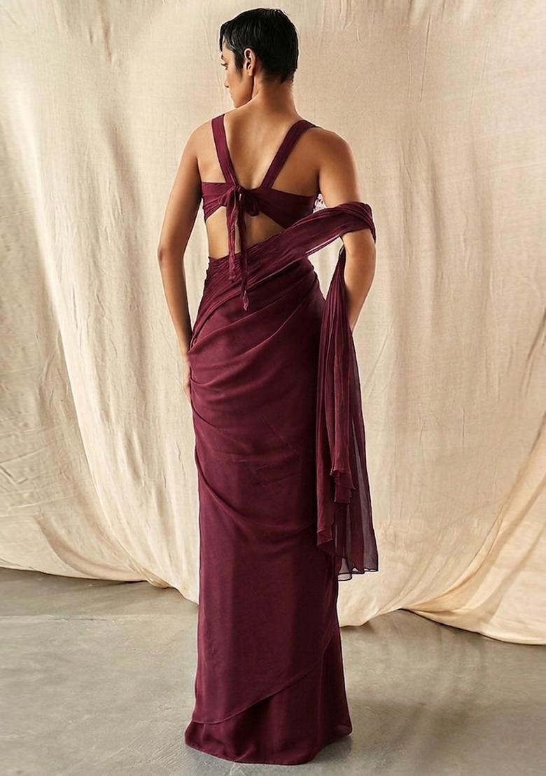 Wine Purple Embroidered Handwork Pre Draped Saree Set - Indya