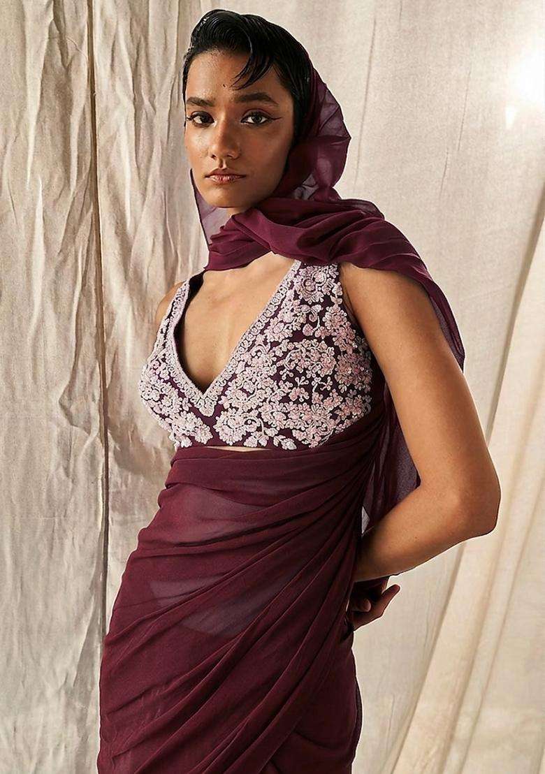 Wine Purple Embroidered Handwork Pre Draped Saree Set - Indya