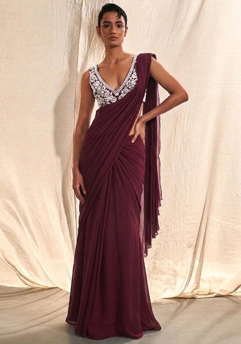 Wine Purple Embroidered Handwork Pre Draped Saree Set