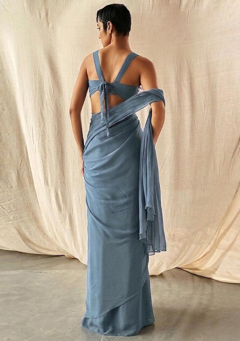 Steel Blue Embroidered Handwork Pre Draped Saree Set - Indya