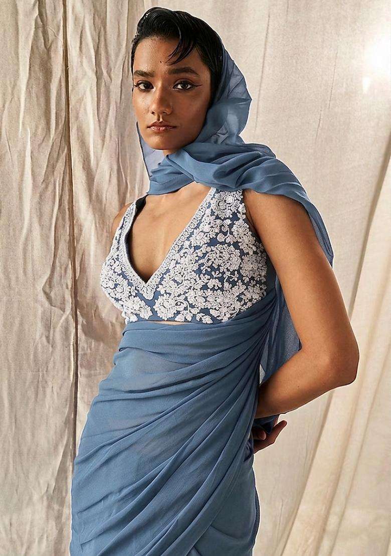 Steel Blue Embroidered Handwork Pre Draped Saree Set - Indya
