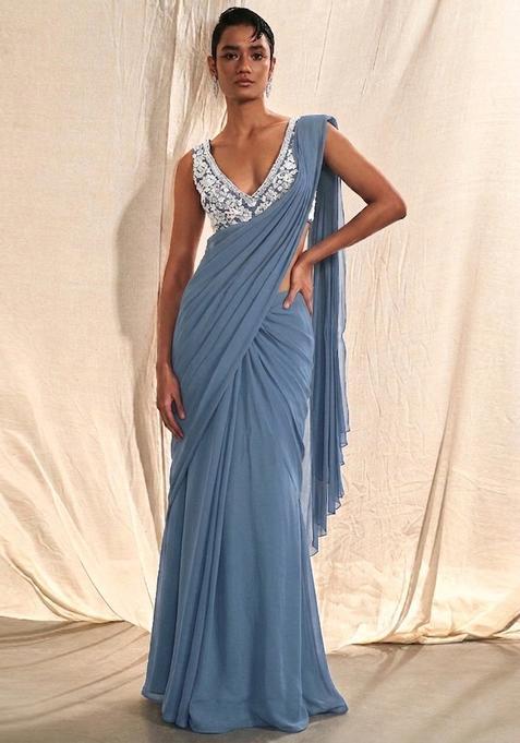 Steel Blue Embroidered Handwork Pre Draped Saree Set