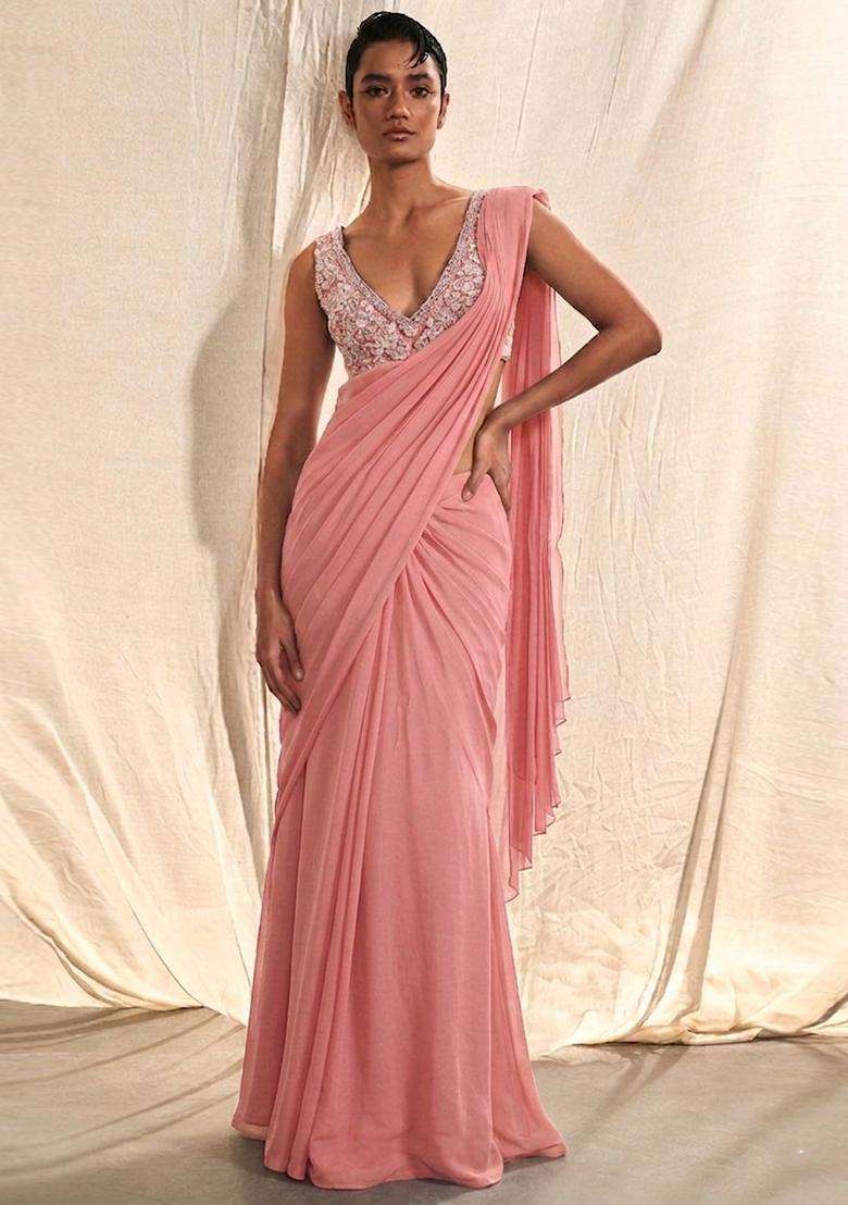 Dusty Rose Pink Embroidered Handwork Pre Draped Saree Set - Indya