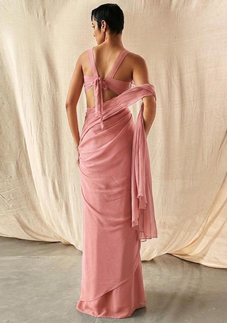 Dusty Rose Pink Embroidered Handwork Pre Draped Saree Set - Indya