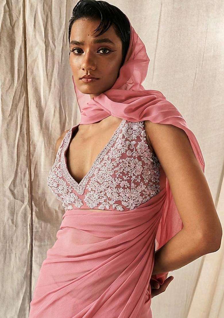 Dusty Rose Pink Embroidered Handwork Pre Draped Saree Set - Indya