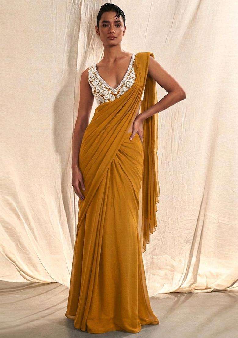Mustard Yellow Embroidered Handwork Pre Draped Saree Set - Indya