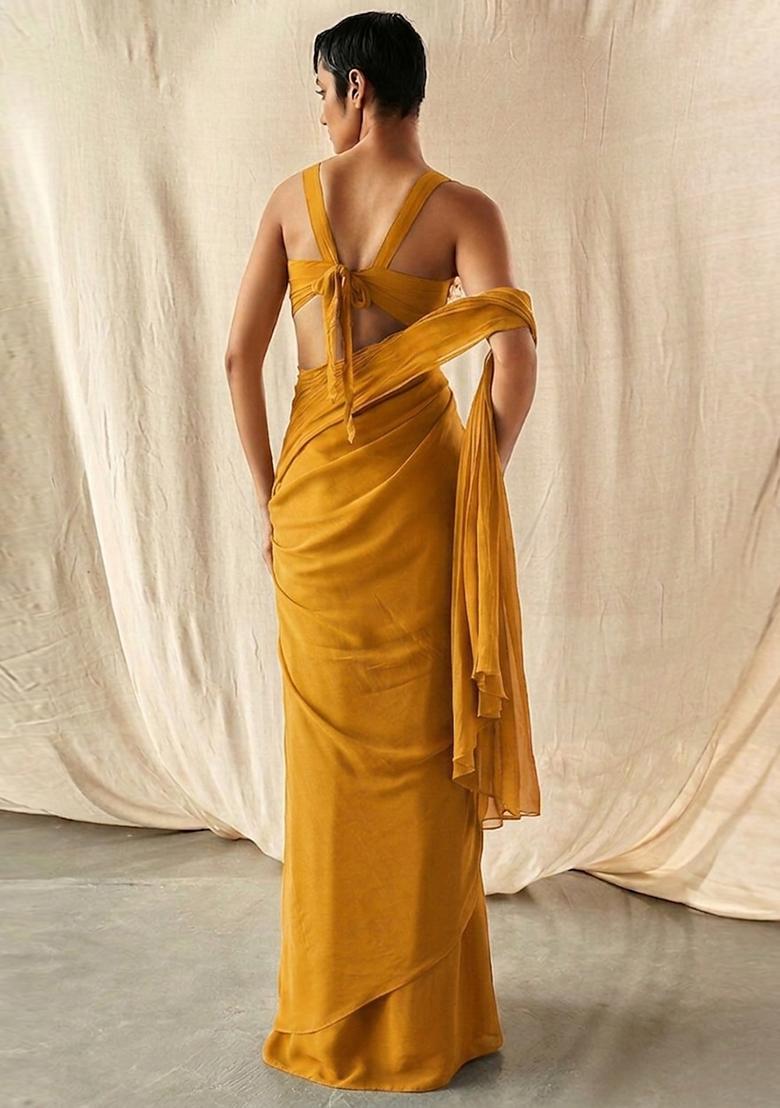 Mustard Yellow Embroidered Handwork Pre Draped Saree Set - Indya