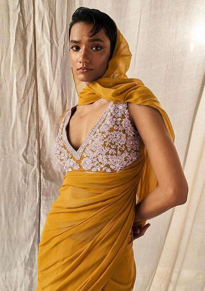 Mustard Yellow Embroidered Handwork Pre Draped Saree Set - Indya