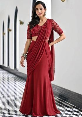 Crimson Red Embroidered Handwork Pre Draped Saree Set